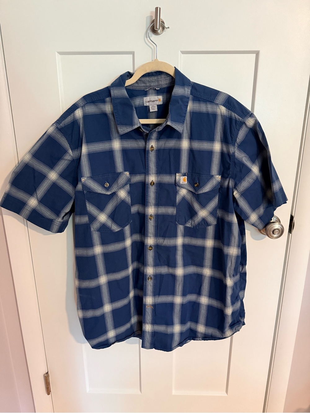 Carhartt Men’s Navy and White Plaid Short-Sleeve Button-Down Shirt